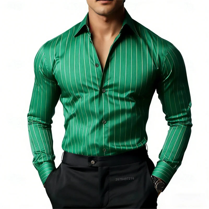 Men's Striped Long-Sleeved Shirt, Business Casual, Versatile, with Lapel Collar and Button Design, Available in 19 Colors.