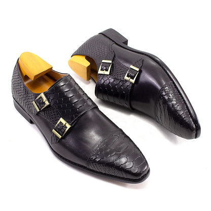 Luxury Double Buckle Monk Strap Men's Dress Shoes Genuine Leather Classic Crocodile Pattern Formal Business Office Footwear