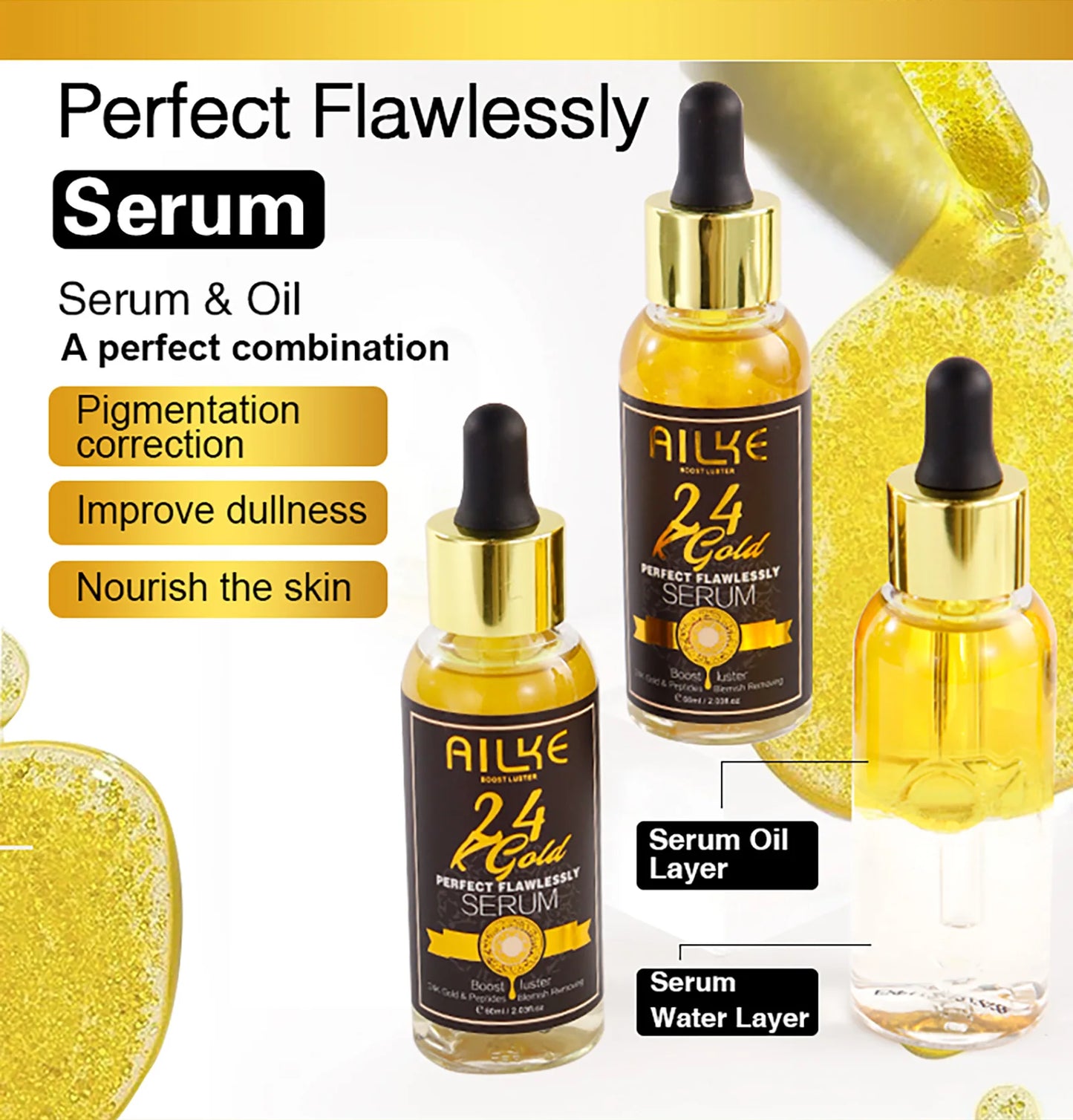 AILKE 24K Glod Flawlessly Skin Care Range, Skin Whitener, Reduce Dark Spots, Melanin, Wrinkles, Moisturize, For Women & Men