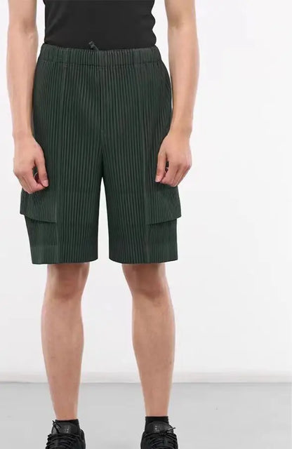 Miyake Pleated Shorts Set Men 2026 Summer New Casual Vest + Elastic Waist High Stretch Cargo Pants 2-Piece Set Unique Versatile