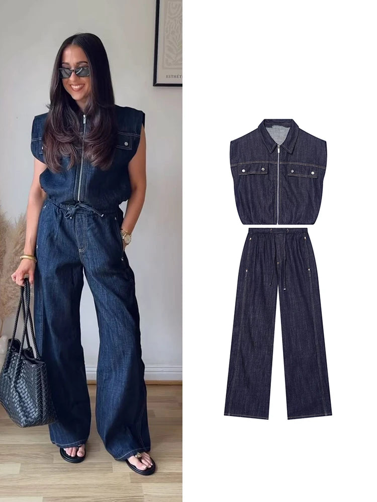 TFMLN Fashion Ladies High Street Denim Trouser Set Lapel Sleeveless Vest Zipper Coat Elastic Waist Wide Leg Pants Chic Sets