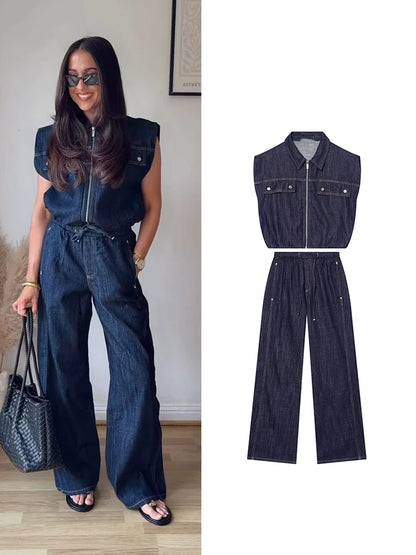 TFMLN Fashion Ladies High Street Denim Trouser Set Lapel Sleeveless Vest Zipper Coat Elastic Waist Wide Leg Pants Chic Sets