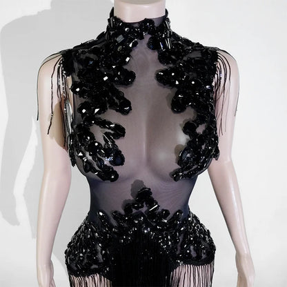 Sexy Mesh Sheer Black Rhinestone Tassel Bodysuit Women Singer Dancer Stage Show Outfit Nightclub Leotard Party Performance Wear