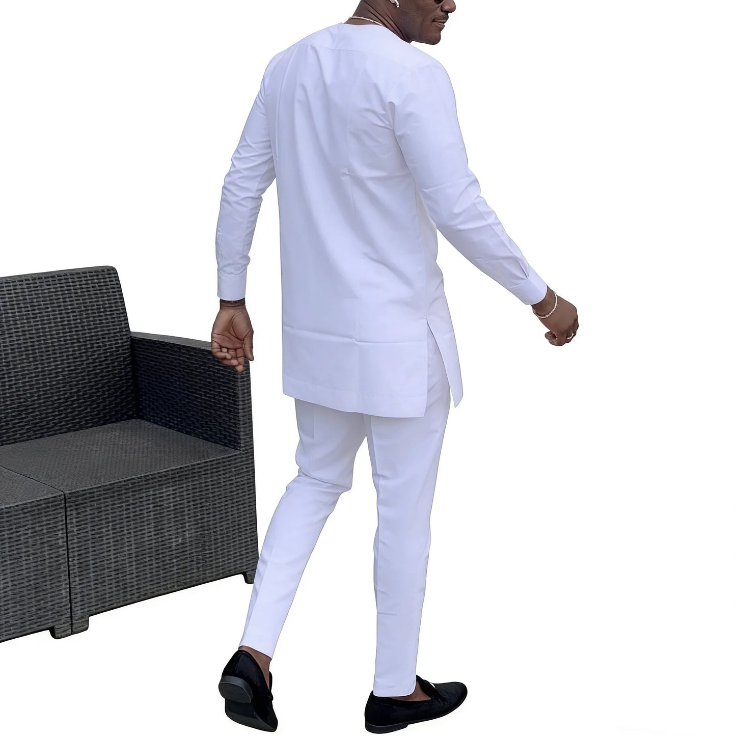 Men's Sets Solid White Long Sleeve Tops & Trousers Original Design Pant Suits Tailored African Couture Party Wear