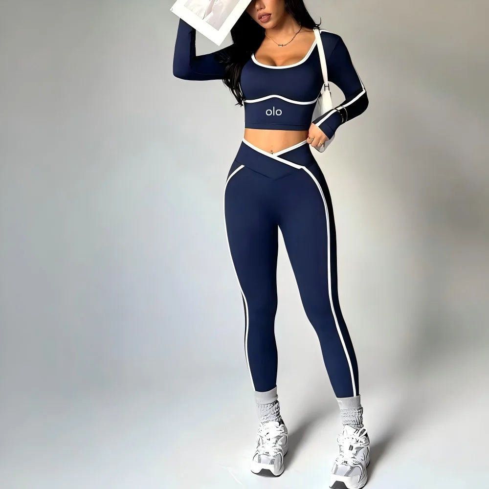 2026 Popular Color Blocking Yoga Set, Tight Yoga Long Sleeved Pants V Waist and Hip Lifting Tight Yoga Pants Luxury Set