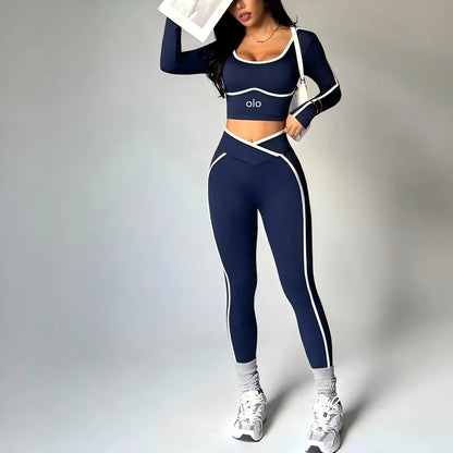2026 Popular Color Blocking Yoga Set, Tight Yoga Long Sleeved Pants V Waist and Hip Lifting Tight Yoga Pants Luxury Set