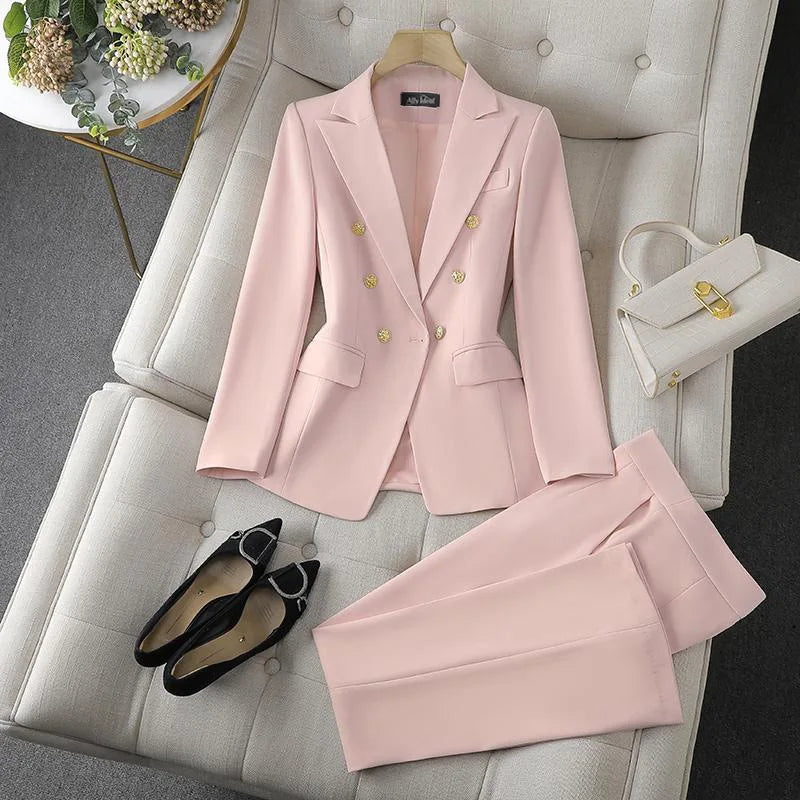 Korean Fashion 2 Piece Set Turn Down Collar Blazers Long Sleeve Slim Fit Pants Women Suits Office Lady Wear Pants Sets for Women