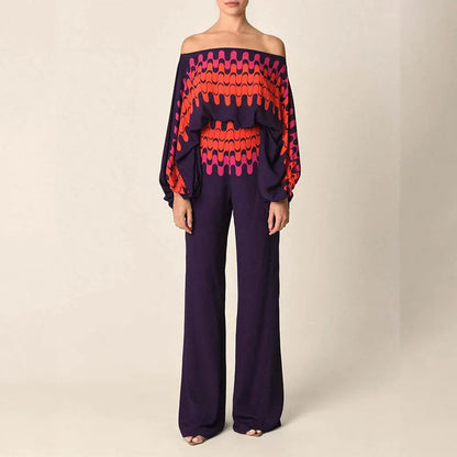 VEITCHE Women Print Outfit  Sleeve Off Shoulder Long Sleeve Blouse Office Lady 2 Piece Sets Spring Autumn Wide Leg Pants Suit