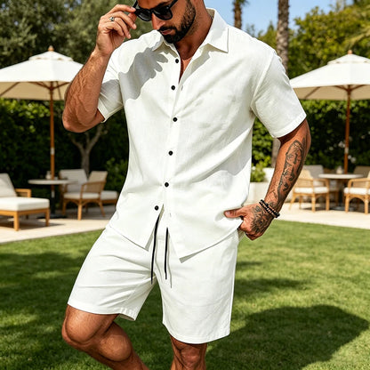 Men Linen Two Piece Outfit Short Sleeve Lapel Button Shirt Elastic Drawstring Shorts Summer Daily Seaside Vacation Casual Set