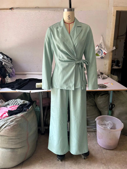 Casual Fashionable Trousers Suit Spring Autumn Solid Color Commuter Style Lapel Long-sleeved Top Wide-leg Trousers Two-piece Set