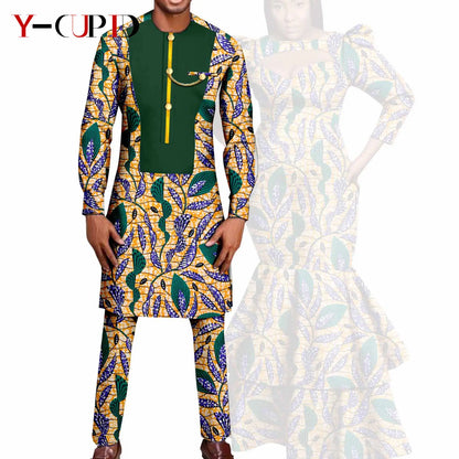 African Print Long Dresses for Women Matching Men Outfit Dashiki Top and Pant Sets Couples Clothes Kaftan Party Outwear Y23C054