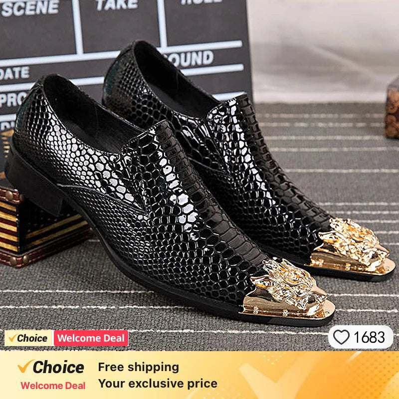 2024 Western Fashion Pointed Metal Toe Dress Shoes Blue Grey Party Wedding Leather Shoes for Men