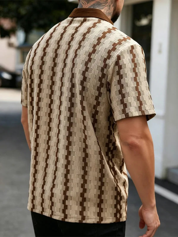 Summer Men's Knit Short Sleeve Shirt, Vintage Plaid Pattern Casual Button Up Top, Breathable Textured Fabric for Daily Vacation