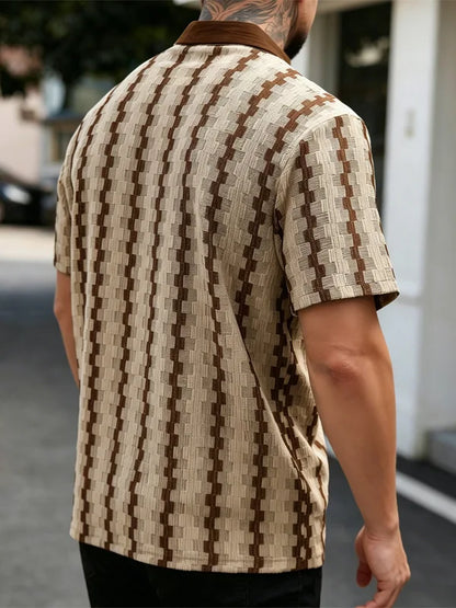Summer Men's Knit Short Sleeve Shirt, Vintage Plaid Pattern Casual Button Up Top, Breathable Textured Fabric for Daily Vacation