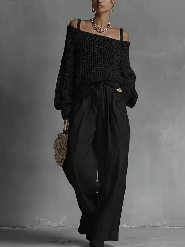 Cotton Casual Pants Sets for Women's Solid Long Sleeve hollow out knit Top Summer Outfit Elastic Waist OL Workwear Wide Leg Suit