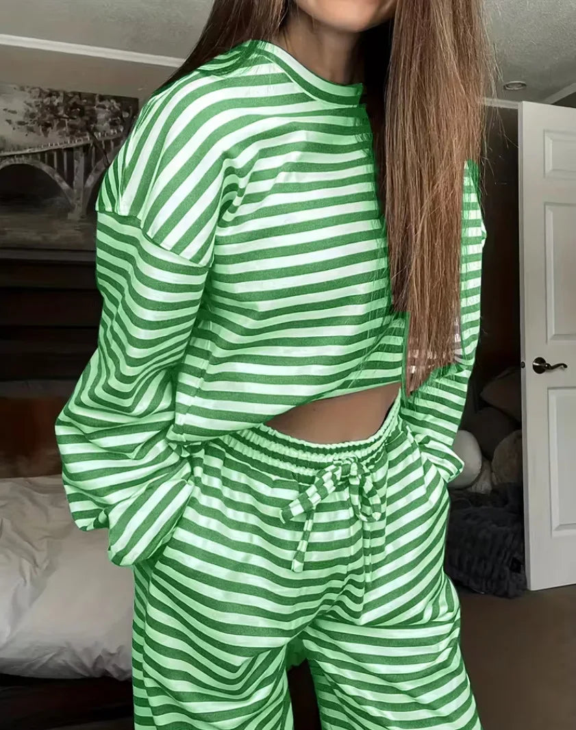 New Simple Striped Suit Simple  Loose Comfortable Lazy Style Long-sleeved Round Neck Pullover Top Lace-up Trousers Two-piece Set