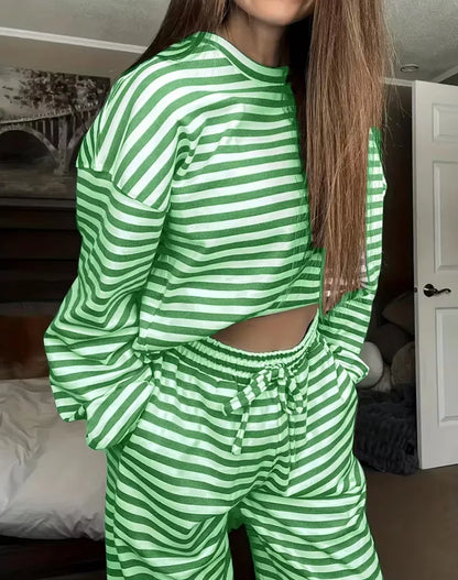 New Simple Striped Suit Simple  Loose Comfortable Lazy Style Long-sleeved Round Neck Pullover Top Lace-up Trousers Two-piece Set