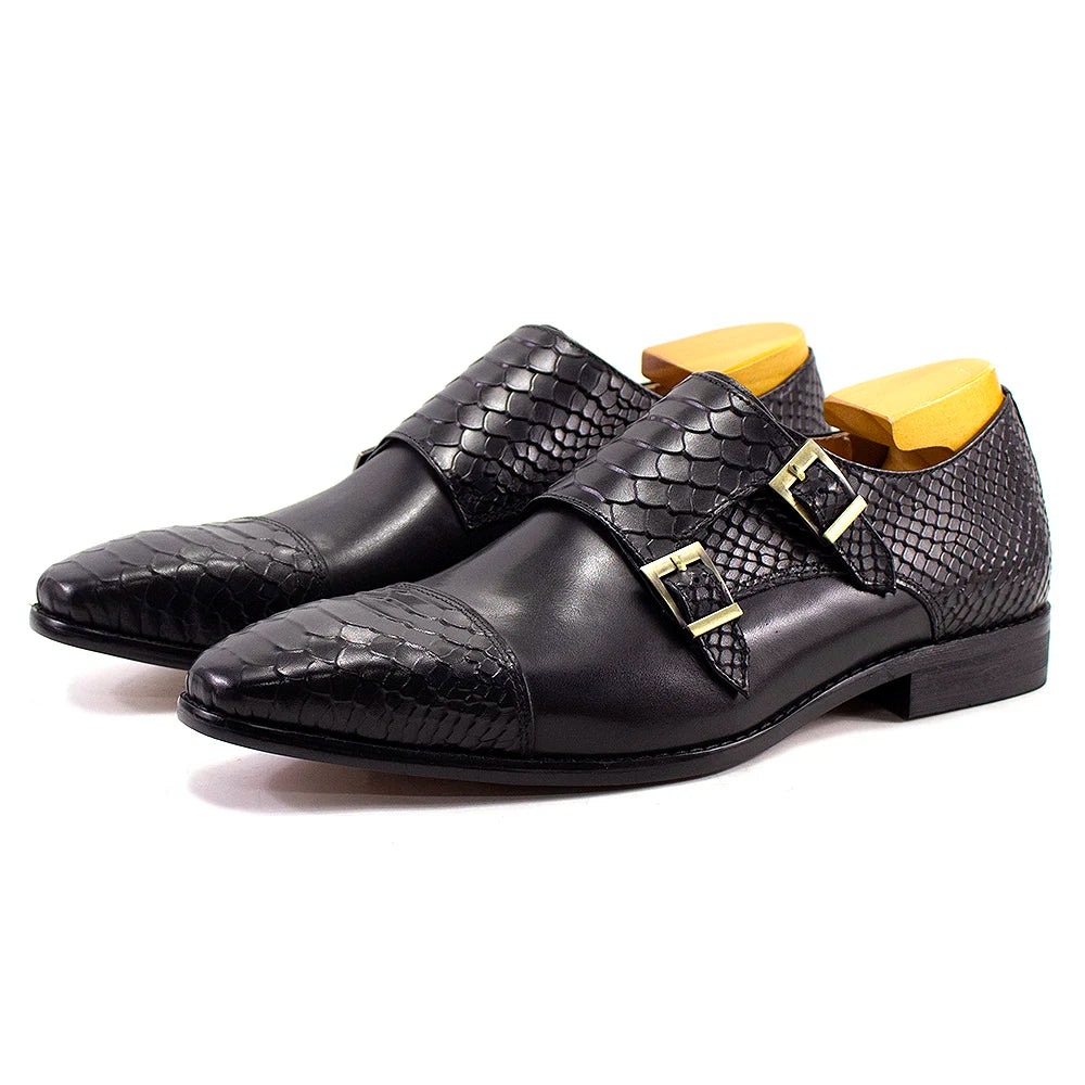 Luxury Double Buckle Monk Strap Men's Dress Shoes Genuine Leather Classic Crocodile Pattern Formal Business Office Footwear