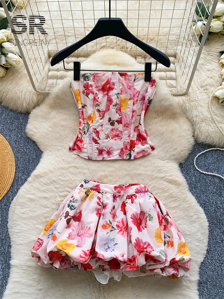 SINGREINY Summer Beach Floral Suits Strapless Sensual Bustier Tank Top+Mini Bud Skirt French Style Women Slim Hotsweet 2Pcs Sets