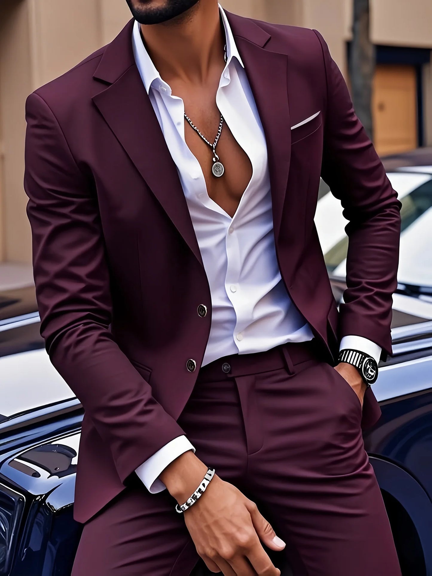 Men's Burgundy 2-Piece Suit Set (Blazer + Trousers Only, No Vest Included),Slim Fit Formal Business Wedding Party Jacket & Pants