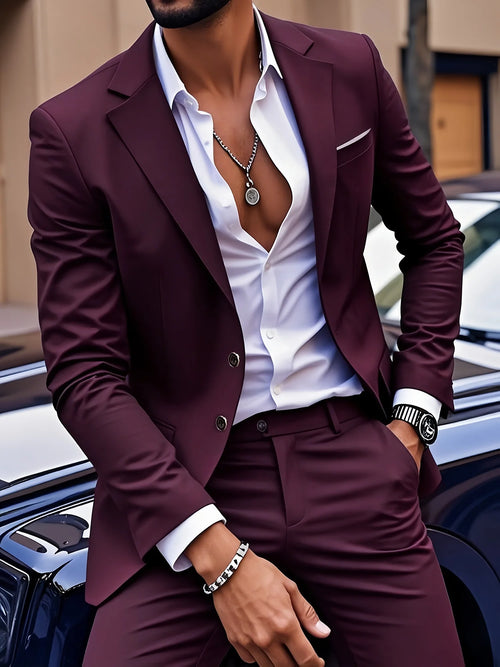 Men's Burgundy 2-Piece Suit Set (Blazer + Trousers Only, No Vest Included),Slim Fit Formal Business Wedding Party Jacket & Pants