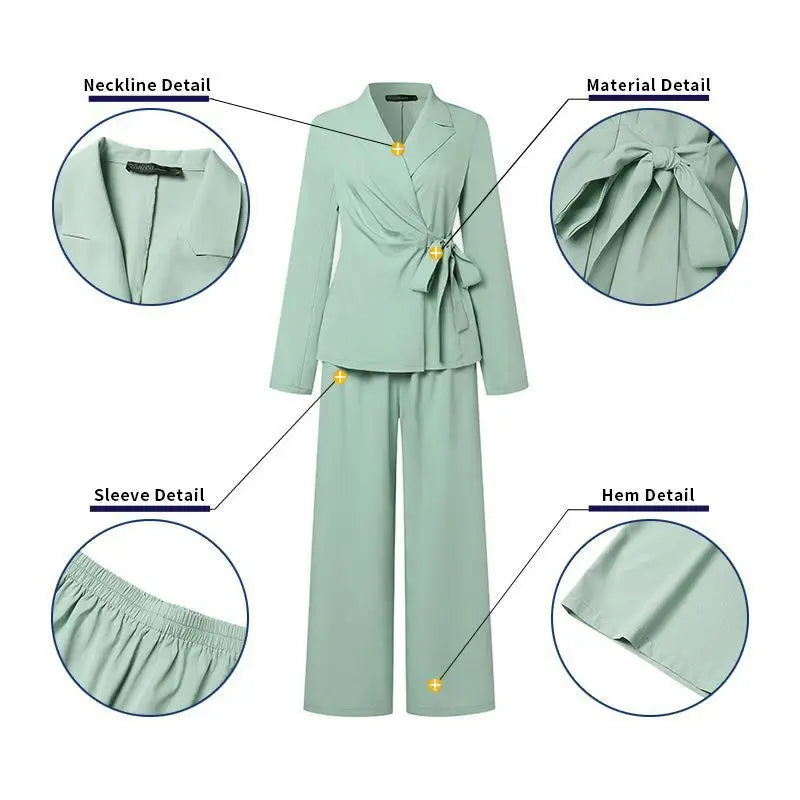Casual Fashionable Trousers Suit Spring Autumn Solid Color Commuter Style Lapel Long-sleeved Top Wide-leg Trousers Two-piece Set