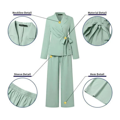 Casual Fashionable Trousers Suit Spring Autumn Solid Color Commuter Style Lapel Long-sleeved Top Wide-leg Trousers Two-piece Set