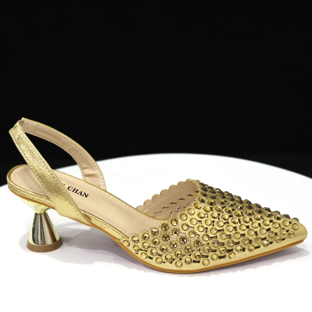 Venus Chan Pointed Toe Heels for Women 2023 Elegant Party Wine Color Full Diamond Pumps Italian Shoes and Bags Matching Set
