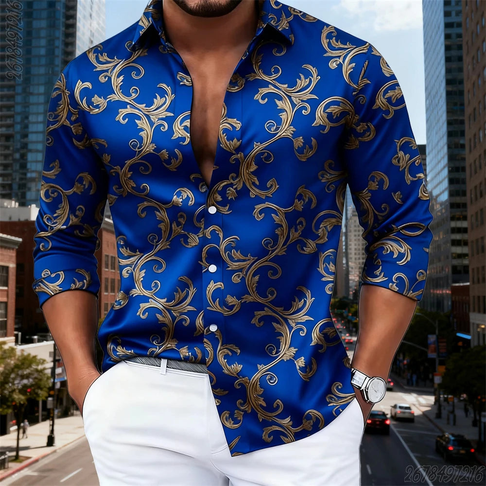 16 Colors Men's Luxury Baroque Gold Pattern Long-Sleeved Shirt Fashionable Retro Print Comfortable Non-Iron Large Size Top