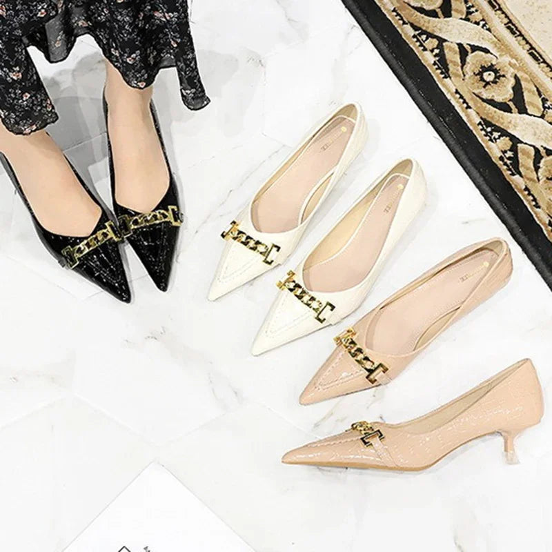 Women 4.5cm High Heels Fashion Apricot Work Pumps Lady Patent Leather Pointed Toe High Heels Female Elegant Metal Chain Shoes