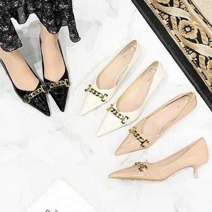 Women 4.5cm High Heels Fashion Apricot Work Pumps Lady Patent Leather Pointed Toe High Heels Female Elegant Metal Chain Shoes