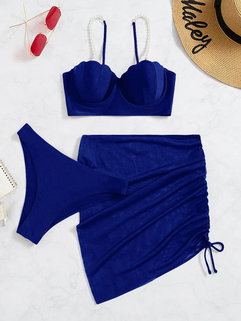 2025 New Sexy Three-piece Bikini Women Solid Drawstring Skirt Swimsuit Sling Backless Swimwear Tight Gathered Beach Bathing Suit