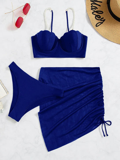 2025 New Sexy Three-piece Bikini Women Solid Drawstring Skirt Swimsuit Sling Backless Swimwear Tight Gathered Beach Bathing Suit