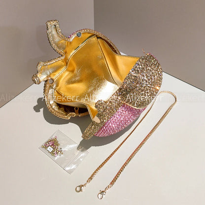 Alizekerr Heart Shaped Diamond Evening Bags Women 2026 Gorgeous Metallic Rhinestone Purses Ladies Unique Handbags Wedding Party