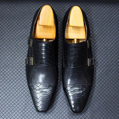 Luxury Double Buckle Monk Strap Men's Dress Shoes Genuine Leather Classic Crocodile Pattern Formal Business Office Footwear