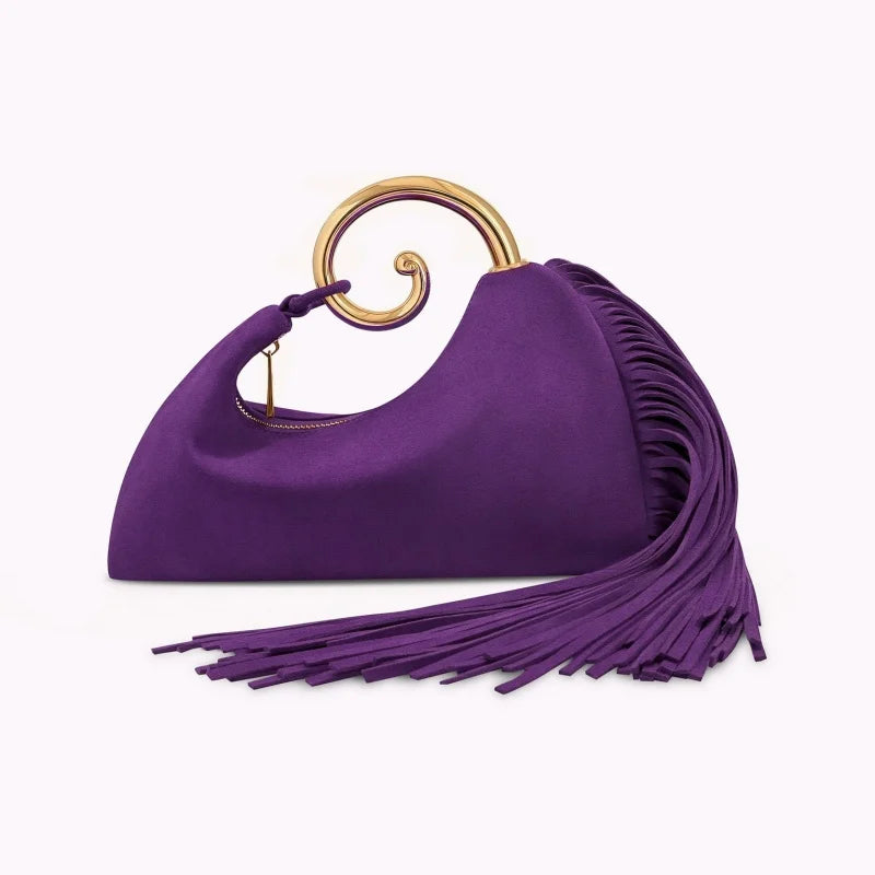 Trendy Creative Horsetail Shape Women's Handbag French Elegant Tassel Design Metal Ring Cloud Bag Prom Clutch Purse Banquet Bags