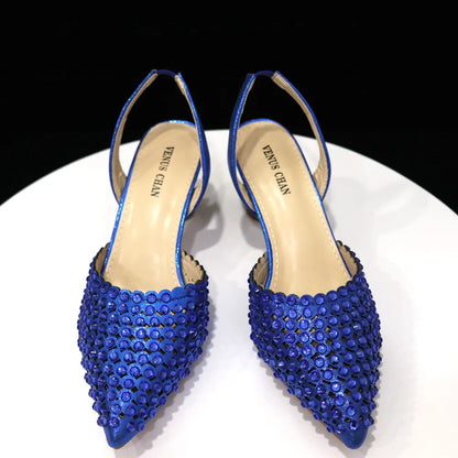 Venus Chan Pointed Toe Heels for Women 2023 Elegant Party Wine Color Full Diamond Pumps Italian Shoes and Bags Matching Set