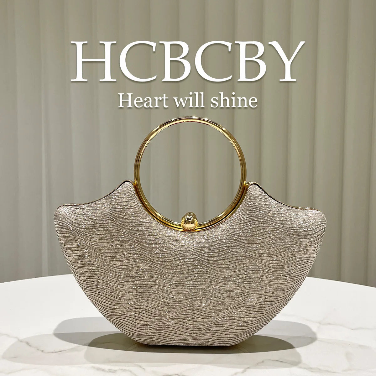Gold shiny elegant water ripple ring handbag, women's fashion temperament dinner bag, bridal evening dress bag