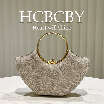 Gold shiny elegant water ripple ring handbag, women's fashion temperament dinner bag, bridal evening dress bag