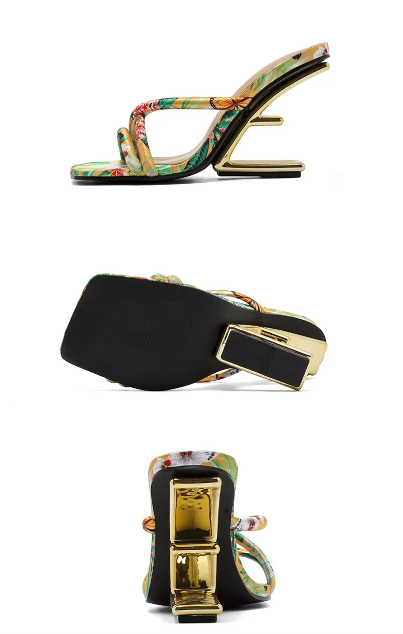Liyke Summer Fashion Colour Square Toe Metal Wedge Slippers Women Mules Slides Strange High Heels Banquet Party Shoes Size 35-42