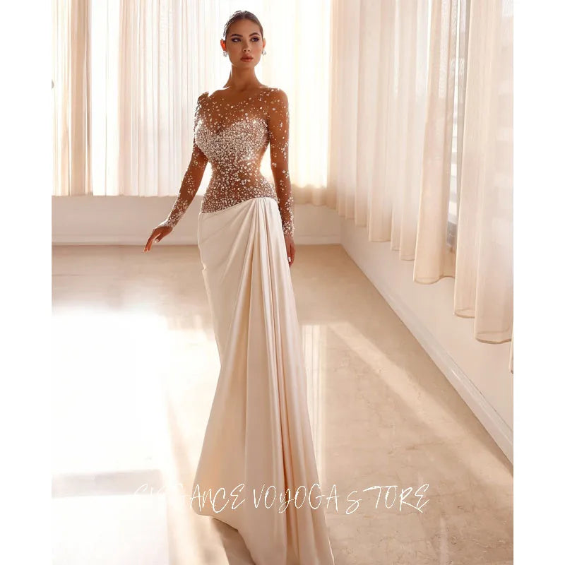 EVS Luxury White Flowing Satin Evening Dresses With See Through Top For Women Long Mermaid Prom Dress Wedding Party Gowns Custom