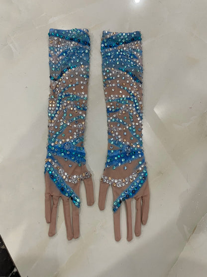 2025 Luxury Sparkly Rhinestones Blue Long Dress With Gloves Women Party Evening Birthday Dresses Celebrate Stage Catwalk Gowns