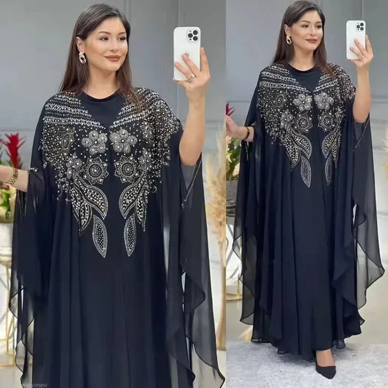 Muslim Dress for Women Loose Batwing Sleeved Beaded Long Abaya Dress Kaftan Abayas Islamic Robe Two Piece Set