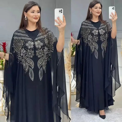 Muslim Dress for Women Loose Batwing Sleeved Beaded Long Abaya Dress Kaftan Abayas Islamic Robe Two Piece Set