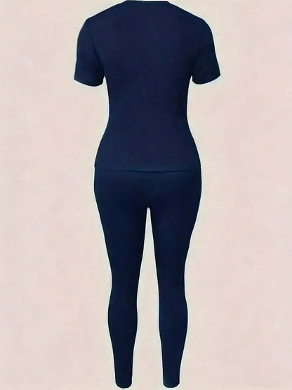 2026 Women's New Paris Printed Two-Piece Set, Casual Short-Sleeved Round Neck T-Shirt and Tight Pants Long Pants Set