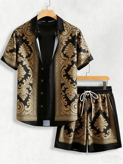 2026 summer new lapel short-sleeved shirt suit Baroque gold 3D printed shirt Hawaiian casual social party men's clothing