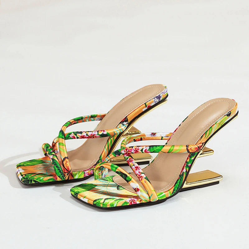 Liyke Summer Fashion Colour Square Toe Metal Wedge Slippers Women Mules Slides Strange High Heels Banquet Party Shoes Size 35-42