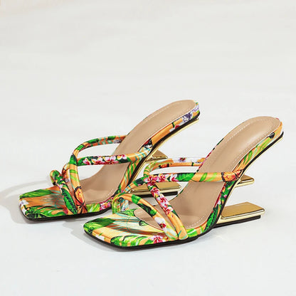 Liyke Summer Fashion Colour Square Toe Metal Wedge Slippers Women Mules Slides Strange High Heels Banquet Party Shoes Size 35-42