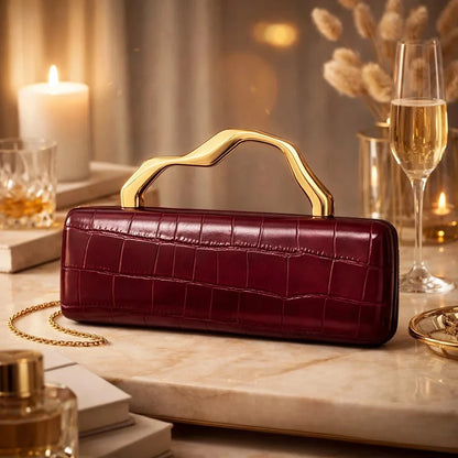 Luxury Burgundy Crocodile Pattern PU Evening Clutch with Gilded Shaped Handle for Ladies Fashionable Party Handbag