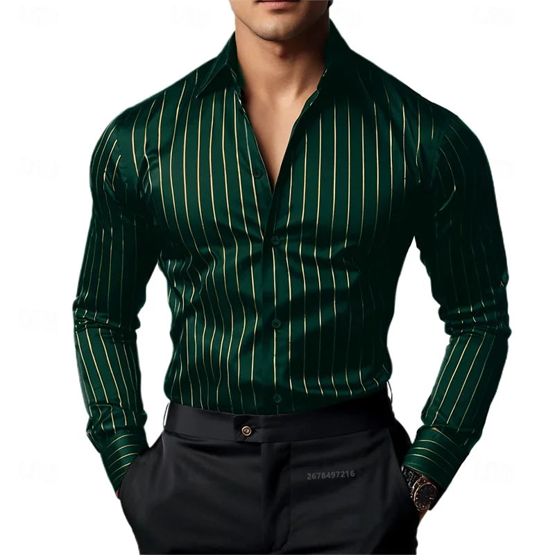 Men's Striped Long-Sleeved Shirt, Business Casual, Versatile, with Lapel Collar and Button Design, Available in 19 Colors.